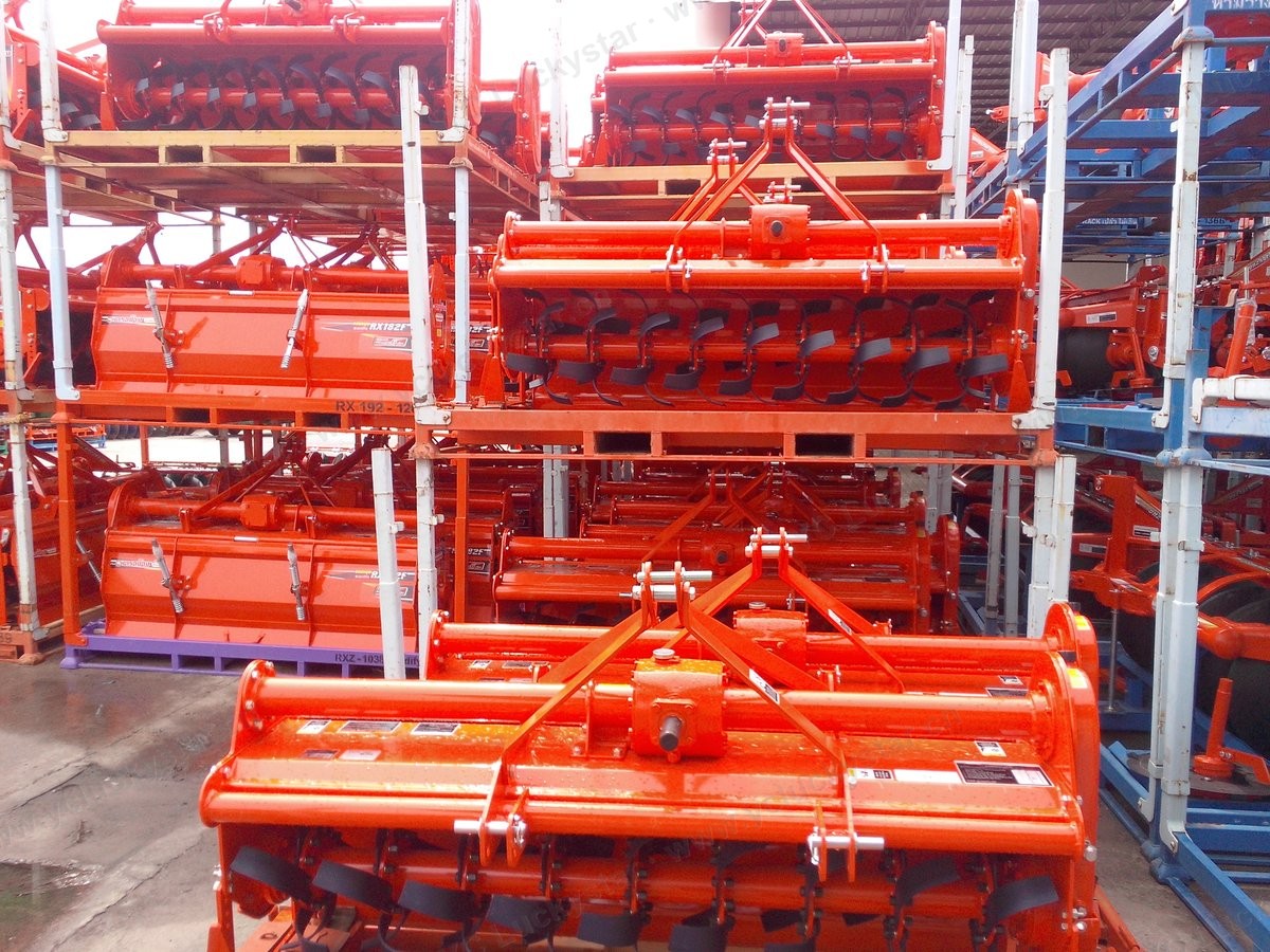 Rotary tillers stocked on warehouse racks